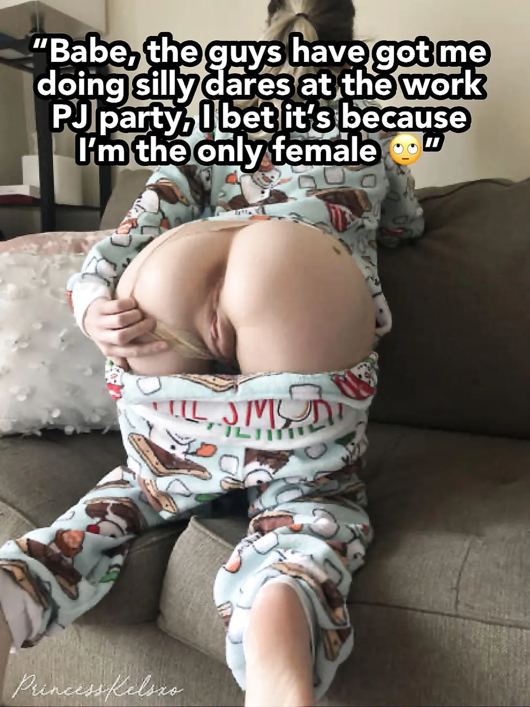 A bare pussy revealed by pulling down the pajamas.